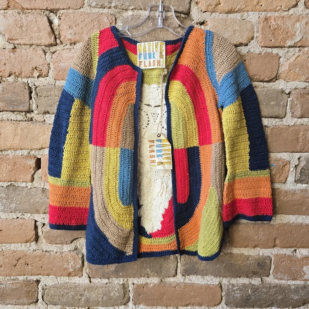 Native Funk and Flash, Owl Sweater, Crocheted, NWT, Colorful and Fun